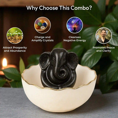 Premium Selenite Money Bowl with Lord Ganesha Pyrite Idol